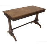 A Victorian walnut centre table, with ebony strung moulded top, ebonised scratch carving, slab
