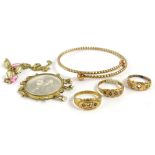 A selection of gold and other jewellery, comprising two Victorian 9ct dress rings (AF), 3g all in, a