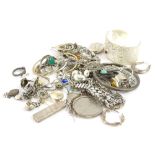 A quantity of silver and silver plated costume jewellery, to include a modern silver bangle with