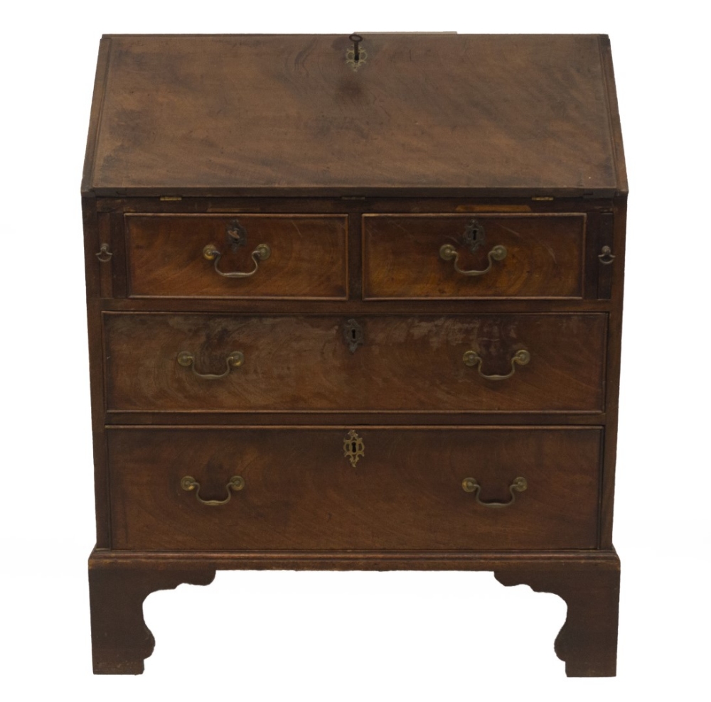 A George II walnut bureau, with flame veneered fall flap resting on lopers, revealing a fitted - Image 2 of 4
