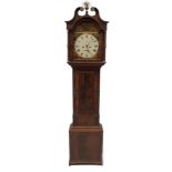 An early 19thC flamed mahogany longcase clock, with rosewood inlaid swan neck pillared hood, ball
