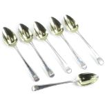 A set of six George III Old English silver teaspoons, with a beaded border, London 1813, 2¾oz.