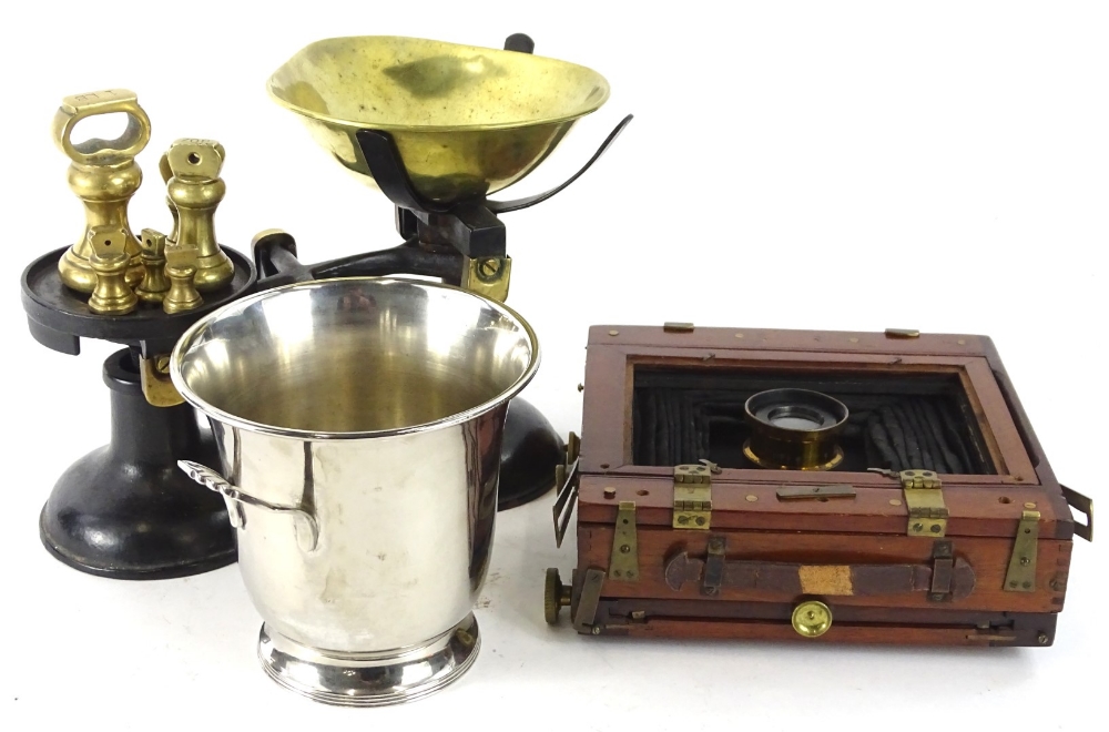 Miscellaneous items, to include an early 20thC mahogany and brass bellows camera, set of scales