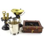 Miscellaneous items, to include an early 20thC mahogany and brass bellows camera, set of scales