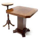 An Art Deco mahogany occasional table, the square top with canted corner on a square section