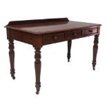 A Victorian mahogany side table, with moulded top, three frieze drawers with knob handles, on turned