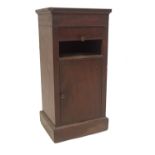 A 19thC flame mahogany side cabinet, with tambour compartment over single door, 85cm H, 41cm W, 33cm