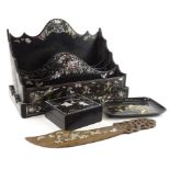 A collection of oriental items, to include a Chinese Export lacquer letter rack with mother of pearl