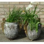 A pair of oriental style cast iron urns, each with two shaped handles and decorated with flowers