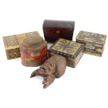 Miscellaneous items, to include a 19thC tea caddy, an oriental carved mask, a George Barrett & Co of