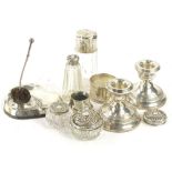 Miscellaneous small silver etc., to include a pair of dwarf candlesticks, napkin ring, cut glass