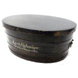 A 19thC ebonised pine and iron coopered campaign bath or cellerette, with an oval lid, brass