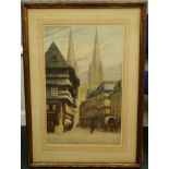 After Gustave Henri Marchetti. Quimper Cathedral, artist signed and coloured engraving, blind stamp,