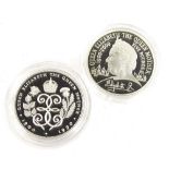 Two commemorative silver proof five pound coins, both related to Elizabeth Queen Mother 1990 and