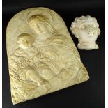 An arched Ecclesiastical plaster maquette, depicting Madonna and child, 76cm H and a plaster neo-