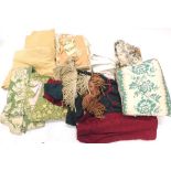 Various miscellaneous textiles etc., to include oriental style curtains, green and cream linen