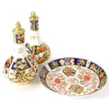 A collection of Derby ceramics, to include two Stevenson & Hancock type Imari scent bottles and a