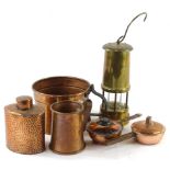 Miscellaneous metalware, to include a brass miners lamp, Arts and Crafts style hammered copper tea