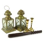 A collection of items, to include a turned wooden truncheon, a pair of brass lamps etc.