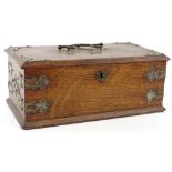 A late 19th/early 20thC oak cigar type box, with silver plated mounts, the interior incomplete, 28cm