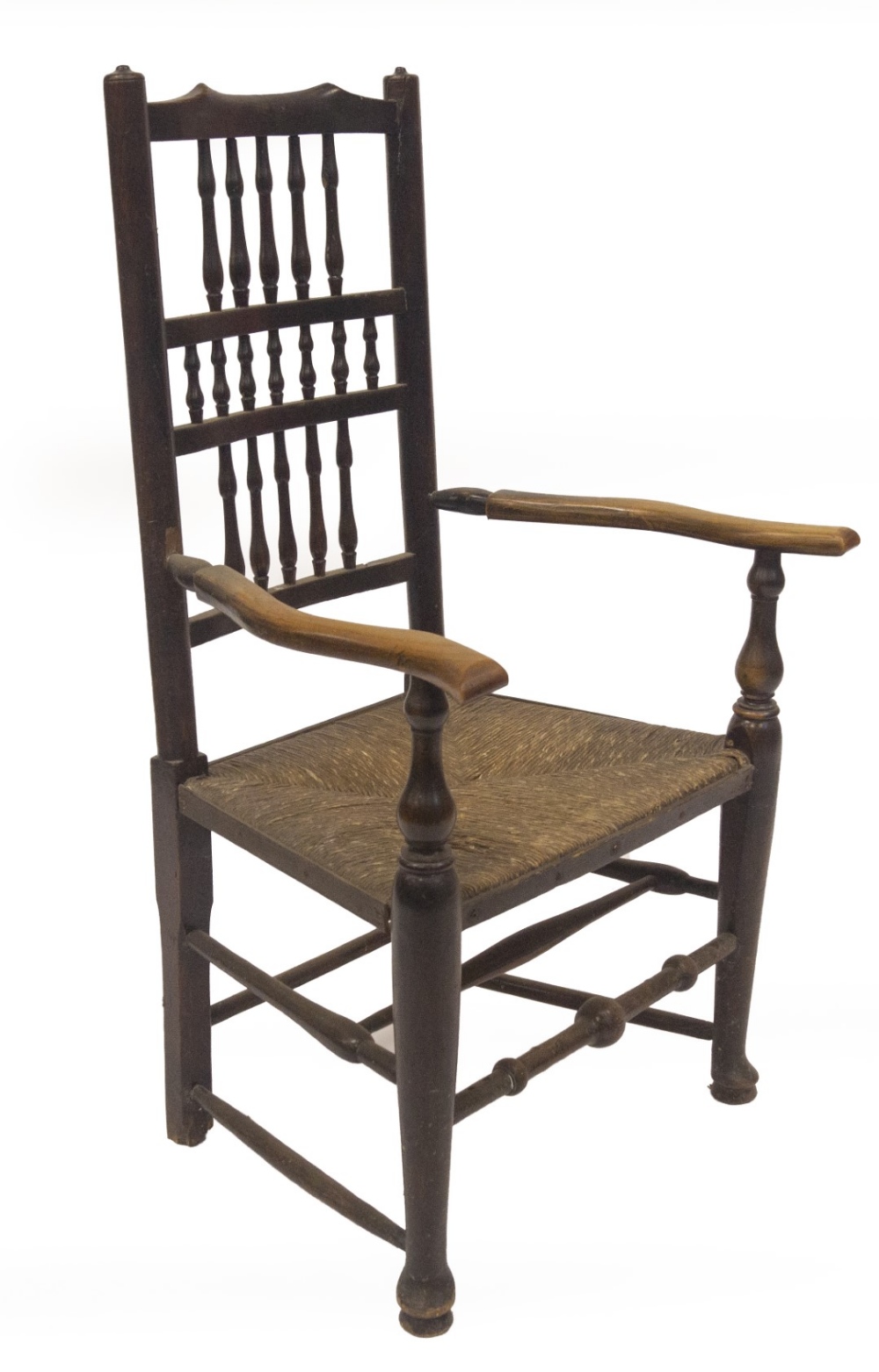 An 18thC elm Lancashire spindle back carver chair, with shaped arms, baluster supports, and turned