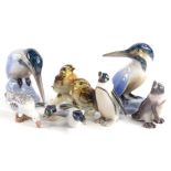 A collection of Danish and other porcelain animals, to include two Bing & Grondahl kingfishers, a