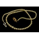 WITHDRAWN PRE SALE BY VENDOR. A single strand cultured pearl necklace, with a yellow metal clasp,