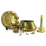 Miscellaneous metalware, to include a Continental brass circular plate, mounted in the Palissy style