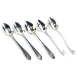 An associated set of five 18thC silver Old English pattern dessert spoons, mark indistinct, possibly