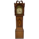 An early 19thC mahogany longcase clock, with moulded swan neck and turned pillared hood, canted