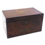 A Victorian figured walnut tea caddy, the rectangular hinged lid applied with a brass engraved