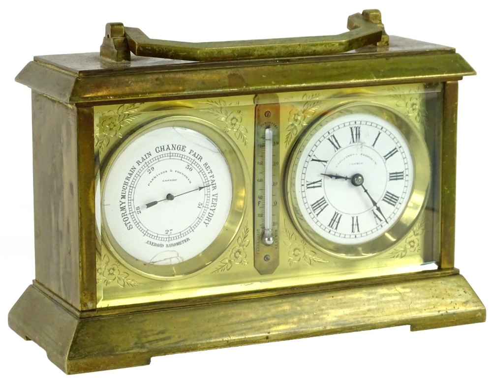 A Victman brass carriage clock and barometer, the dial stamped Parkinson and Frodsham, engraved with