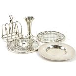 A collection of small silver etc., to include a four division toast rack, a small paton or dish, two