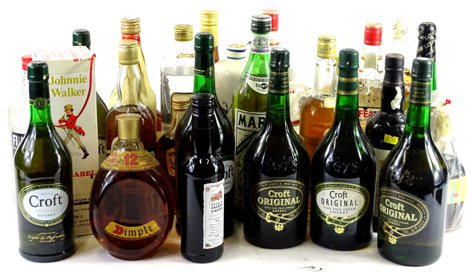 A large quantity of spirits, to include Haigh Dimple Whisky, Beefeater Gin, various sherries,
