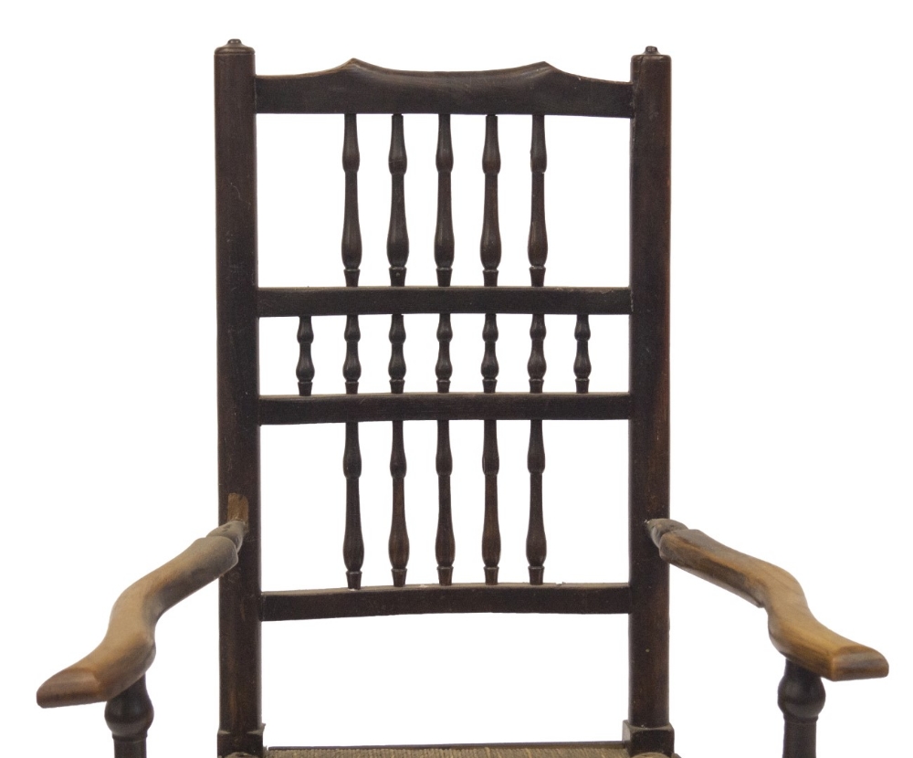 An 18thC elm Lancashire spindle back carver chair, with shaped arms, baluster supports, and turned - Image 2 of 3