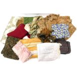 A quantity of textiles fabrics etc., to include some damask net curtains, Gingham patterns