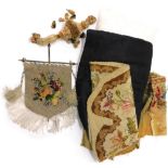 Miscellaneous items of wool work, bead work, a pole screen banner, a sewing pocket, various