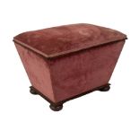 A Victorian box stool, with pink dralon upholstery, taper body and mahogany moulding and bun feet,