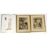 Reg Samuel. Theatrical design with fabrics etc., titled Beal and two engravings.