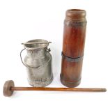 An aluminium butter churn, 34cm H, and a pine and iron bound butter church, 79cm H. (2)