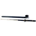 A Japanese Ninjato, with a straight blade, square guard and bound faux shagreen grip, with scabbard,