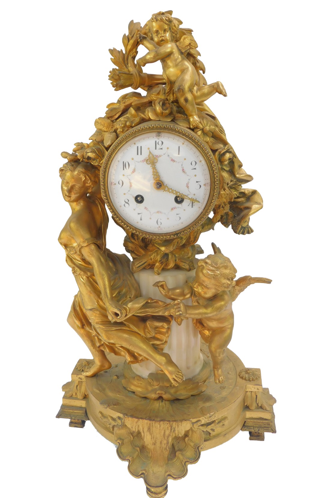 A late 19thC French ormolu and marble mantel clock by Marti & Cie, circular enamel dial painted with