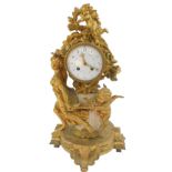 A late 19thC French ormolu and marble mantel clock by Marti & Cie, circular enamel dial painted with