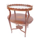 An Edwardian mahogany and satin wood cross banded etagere, the brass handled galleried tray top