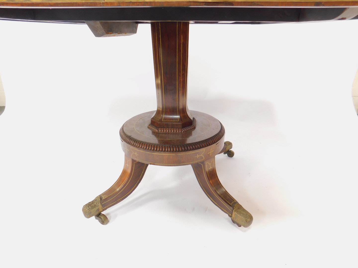 A Regency rosewood and brass inlaid tilt top breakfast table, the rectangular top with a gadrooned - Image 3 of 3