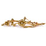 A seed pearl floral brooch, set in yellow metal, indistinct marks, 3.3g.