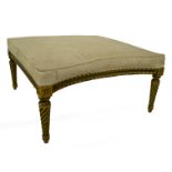 A 19thC French parcel gilt and green painted duchesse brisee stool, with sculptured damask