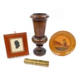 A Victorian brass telescope, 14cm L, circular marquetry picture in a wooden frame, 17cm Dia,