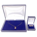 A 9ct gold sapphire and diamond pendant, on a 9ct gold neck chain, together with a pair of