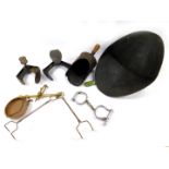 Two cast iron shoe lasts, pair of cuff links, grain scoop and bucket, and scale parts. (qty)